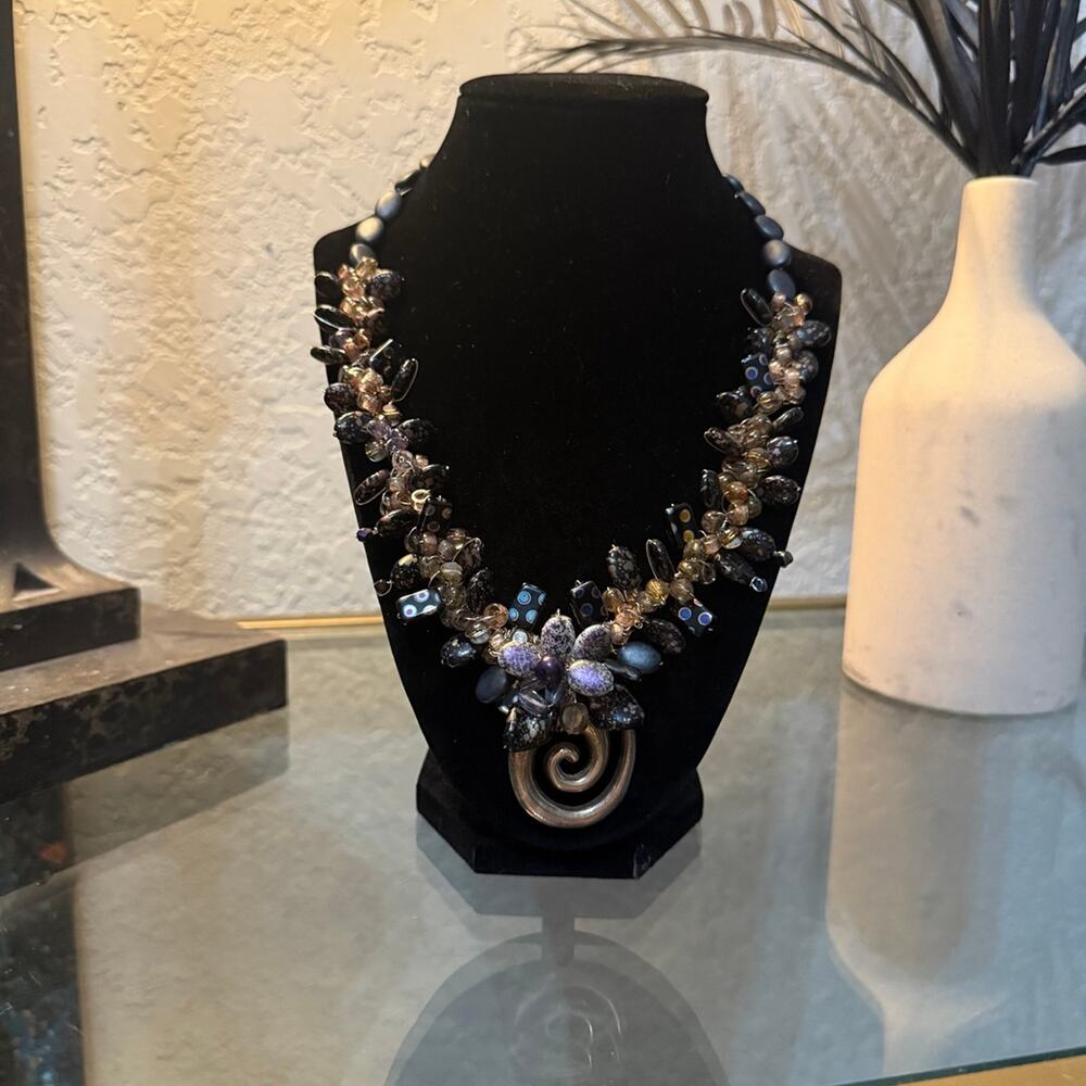 Artisan Statement Necklace, Lampwork Glass, Snowflake Obsidian, Spiral Pendant